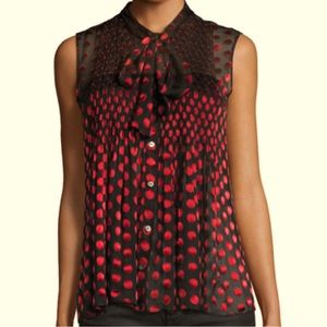 Diane von Furstenberg 'Aidan' Red and Black Sheer Polka Dot Blouse w/ Neck Tie